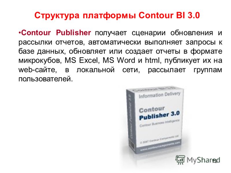 79 Структура платформы Contour BI 3.0 Contour Publisher получает сценарии обновления и рассылки отчетов, автоматически выполняет запросы к базе данных, обновляет или создает отчеты в формате микрокубов, MS Excel, MS Word и html, публикует их на web-с