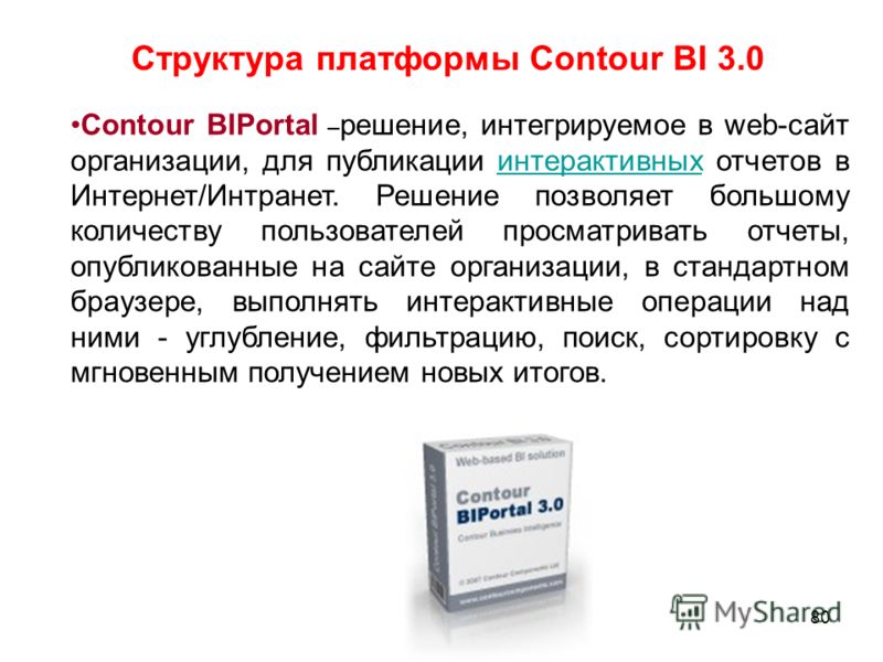 80 Структура платформы Contour BI 3.0 Contour BIPortal – решение, интегрируемое в web-сайт организации, для публикации интерактивных отчетов в Интернет/Интранет. Решение позволяет большому количеству пользователей просматривать отчеты, опубликованные