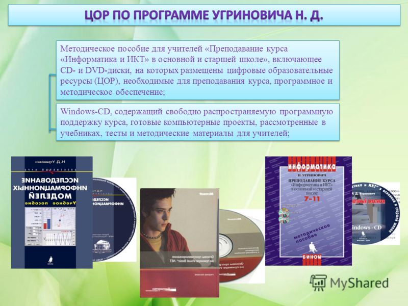 Методическое пособие для учителей «Преподавание курса «Информатика и ИКТ» в основной и старшей школе», включающее CD- и DVD-диски, на которых размещены цифровые образовательные ресурсы (ЦОР), необходимые для преподавания курса, программное и методиче