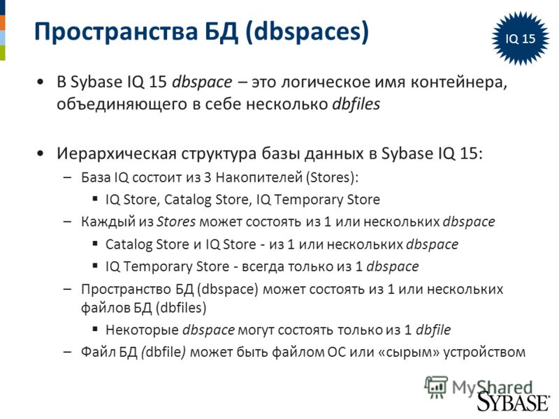 Пространства БД (dbspaces) В Sybase IQ 15 dbspace – это логическое имя контейнера, объединяющего в себе несколько dbfiles Иерархическая структура базы данных в Sybase IQ 15: –База IQ состоит из 3 Накопителей (Stores): IQ Store, Catalog Store, IQ Temp