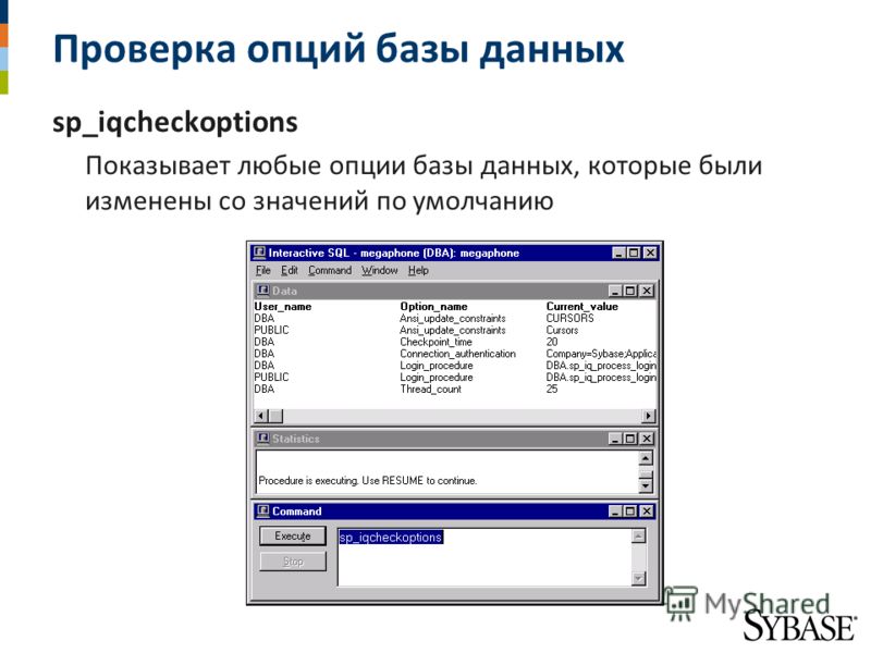 Проверка опций базы данных sp_iqcheckoptions Показывает любые опции базы данных, которые были изменены со значений по умолчанию