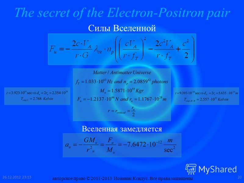 The secret of the Electron-Positron pair Силы Вселенной Вселенная замедляется 26.12.2012 23:1320 авторское право © 2011-2013 Иоаннис Ксидус. Все права защищены