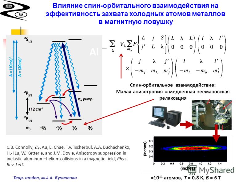 Теор. отдел, ак.А.А. Бучаченко Влияние спин-орбитального взаимодействия на эффективность захвата холодных атомов металлов в магнитную ловушку Спин-орбитальное взаимодействие: Малая анизотропия = медленная зеемановская релаксация 10 11 атомов, Т = 0.8