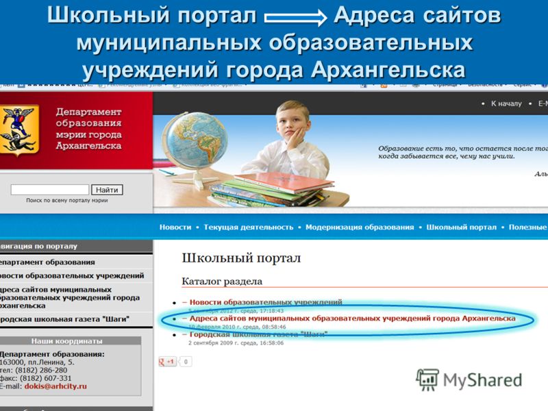 Школьный портал Адреса сайтов муниципальных образовательных учреждений города Архангельска