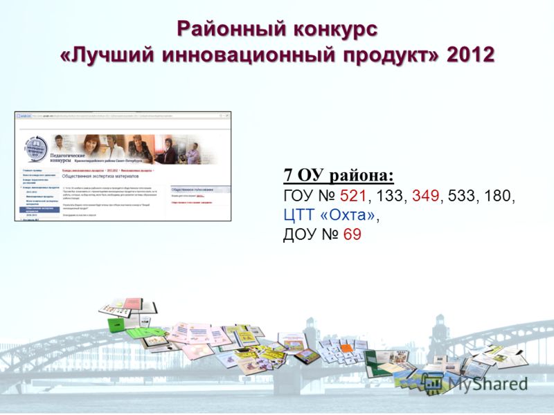 Районный конкурс «Лучший инновационный продукт» 2012 7 ОУ района: ГОУ 521, 133, 349, 533, 180, ЦТТ «Охта», ДОУ 69