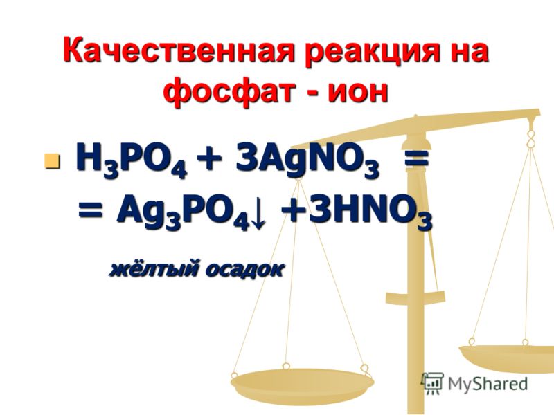 Качественная реакция на фосфат - ион Качественная реакция на фосфат - ион H 3 PO 4 + 3AgNO 3 = H 3 PO 4 + 3AgNO 3 = = Ag 3 PO 4 +3HNO 3 = Ag 3 PO 4 +3HNO 3 жёлтый осадок жёлтый осадок