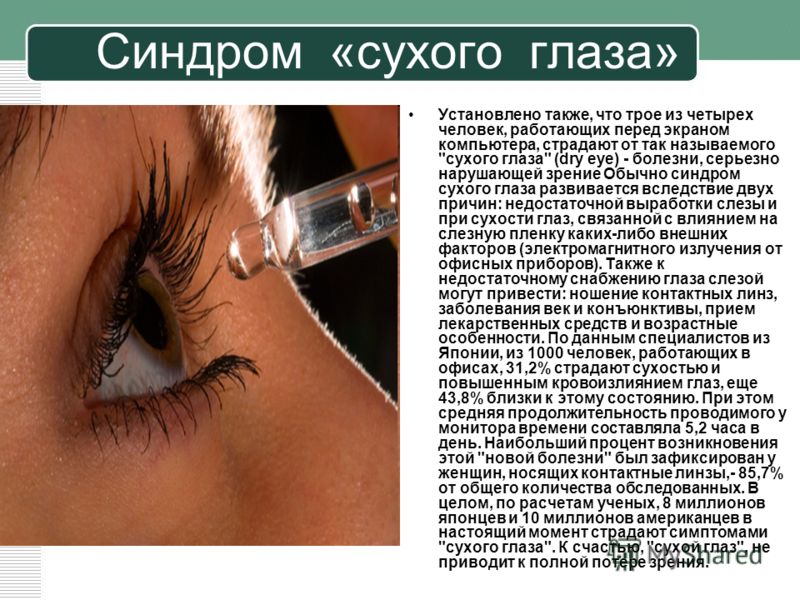 Синдром «сухого глаза» Установлено также, что трое из четырех человек, работающих перед экраном компьютера, страдают от так называемого 