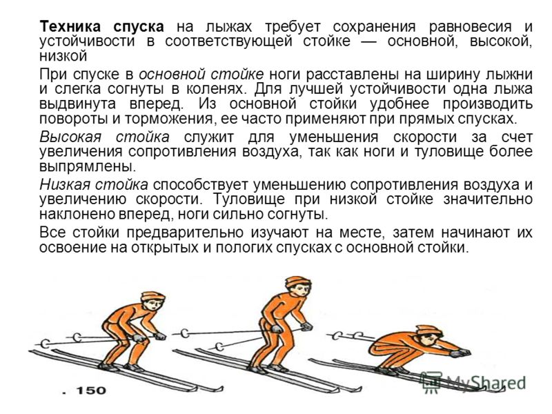 Техника спуска на лыжах требует сохранения равновесия и устойчивости в соответствующей стойке основной, высокой, низкой При спуске в основной стойке ноги расставлены на ширину лыжни и слегка согнуты в коленях. Для лучшей устойчивости одна лыжа выдвин