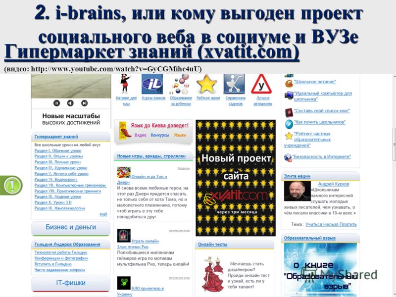 2. i-brains, или кому выгоден проект социального веба в социуме и ВУЗе Гипермаркет знаний (xvatit.com) (видео: http://www.youtube.com/watch?v=GyCGMihc4uU)