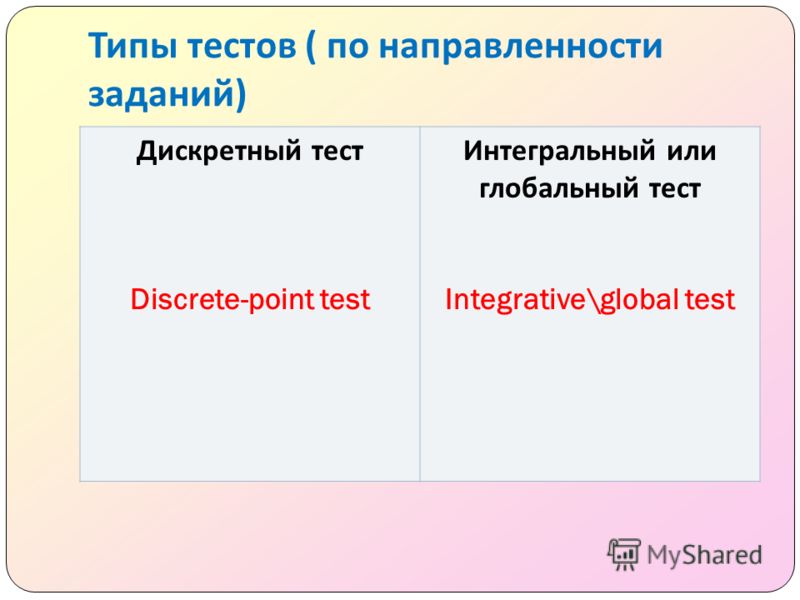 Типы тестов ( по направленности заданий ) Дискретный тест Discrete-point test Интегральный или глобальный тест Integrative\global test