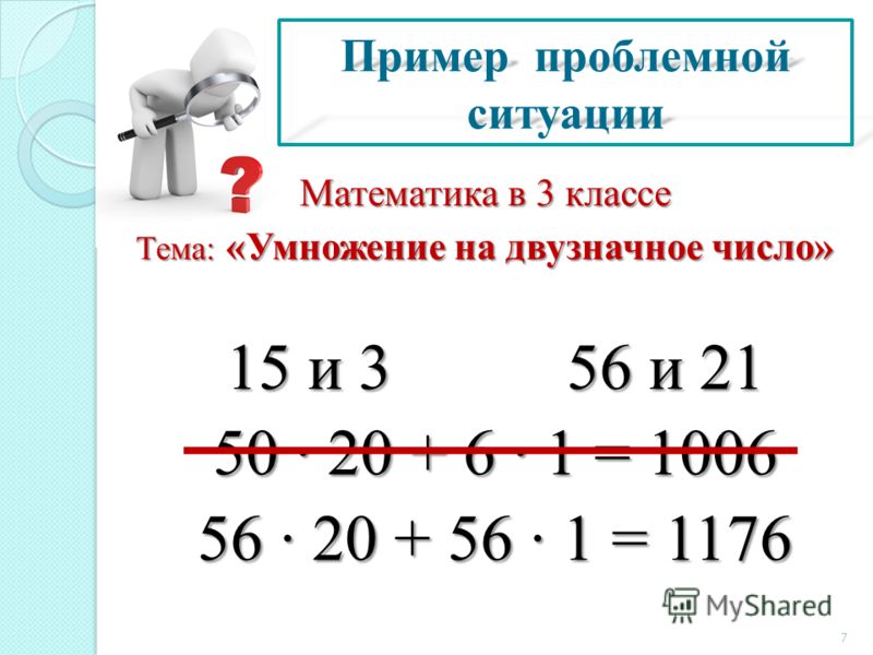 Пример проблемной ситуации Математика в 3 классе Тема: «Умножение на двузначное число» 15 и 356 и 21 50 20 + 6 1 = 1006 56 20 + 56 1 = 1176 7