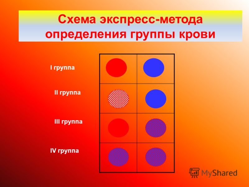 Схема экспресс-метода определения группы крови I группа II группа III группа IV группа