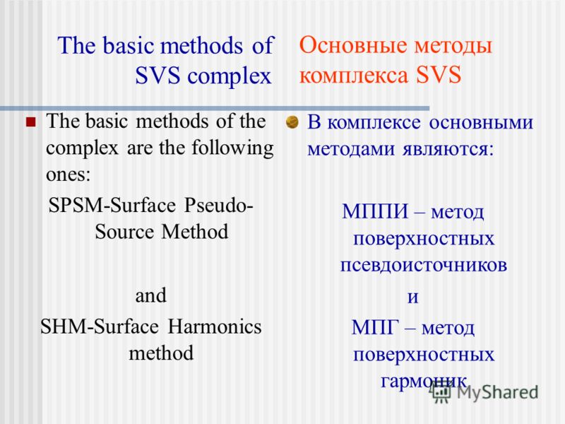 The basic methods of SVS complex The basic methods of the complex are the following ones: SPSM-Surface Pseudo- Source Method and SHM-Surface Harmonics method Основные методы комплекса SVS В комплексе основными методами являются: МППИ – метод поверхно