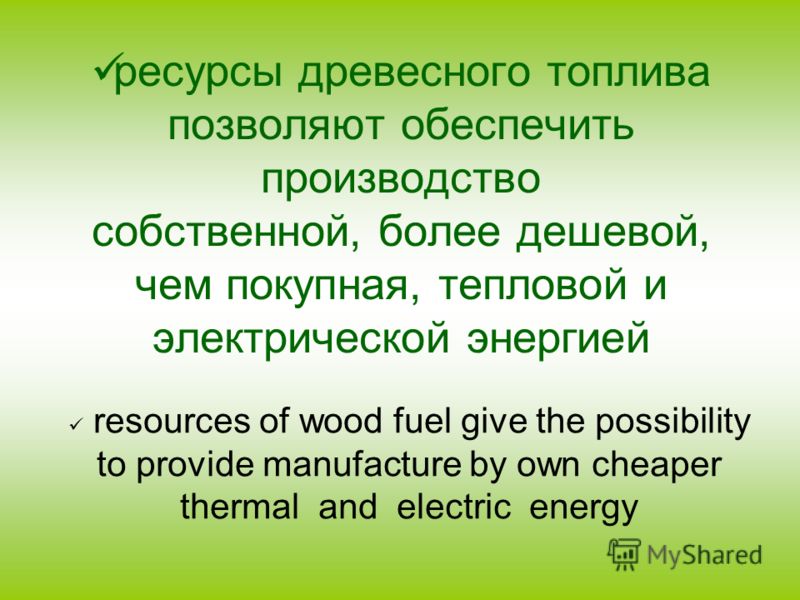 ресурсы древесного топлива позволяют обеспечить производство собственной, более дешевой, чем покупная, тепловой и электрической энергией resources of wood fuel give the possibility to provide manufacture by own cheaper thermal and electric energy