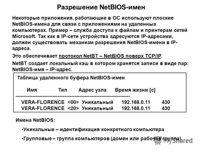 Разрешение NetBIOS-имен Некоторые приложения, работающие в ОС используют плоские NetBIOS-имена для связи с приложениями на удаленных компьютерах. Пример – служба доступа к файлам и принтерам сетей Microsoft. Так как в IP-сети устройства адресуются IP