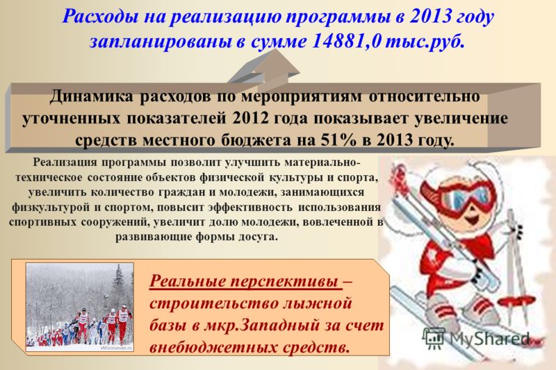 Расходы на реализацию программы в 2013 году запланированы в сумме 14881,0 тыс.руб. Динамика расходов по мероприятиям относительно уточненных показателей 2012 года показывает увеличение средств местного бюджета на 51% в 2013 году. Реальные перспективы