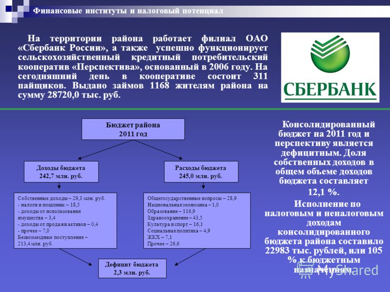 На территории района работает филиал ОАО «Сбербанк России», а также успешно функционирует сельскохозяйственный кредитный потребительский кооператив «Перспектива», основанный в 2006 году. На сегодняшний день в кооперативе состоит 311 пайщиков. Выдано 