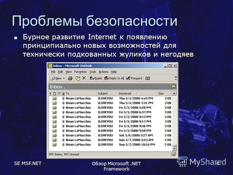 SE MSF.NET Обзор Microsoft.NET Framework 8 Проблемы безопасности Бурное развитие Internet к появлению принципиально новых возможностей для технически подкованных жуликов и негодяев Бурное развитие Internet к появлению принципиально новых возможностей