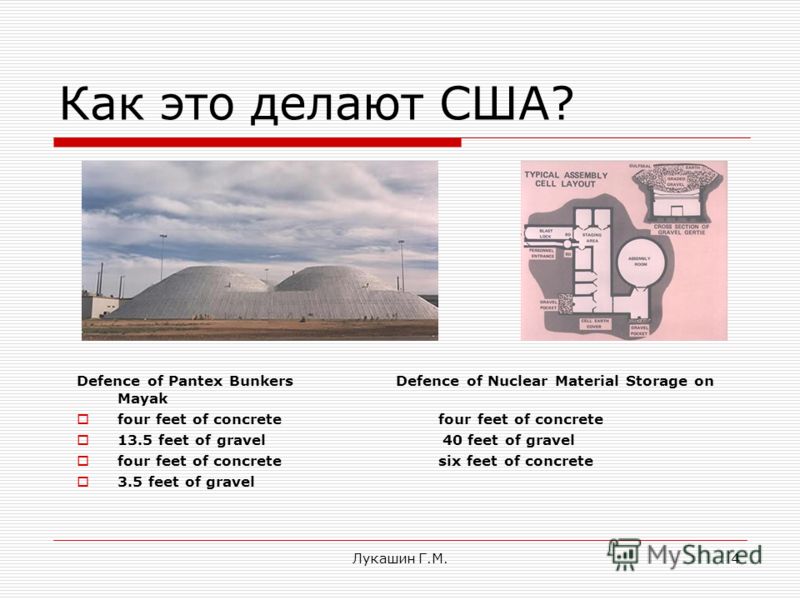 Лукашин Г.М.4 Как это делают США? Defence of Pantex Bunkers Defence of Nuclear Material Storage on Mayak four feet of concrete four feet of concrete 13.5 feet of gravel 40 feet of gravel four feet of concrete six feet of concrete 3.5 feet of gravel