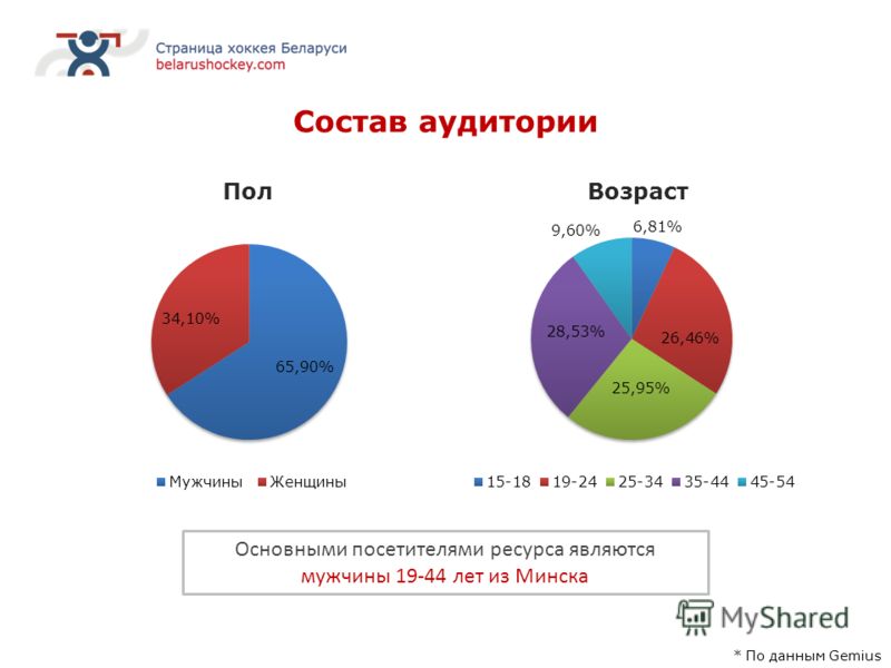 Состав аудитории Возраст * По данным Gemius Пол Основными посетителями ресурса являются мужчины 19-44 лет из Минска