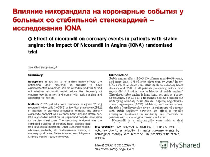 Влияние никорандила на коронарные события у больных со стабильной стенокардией – исследование IONA