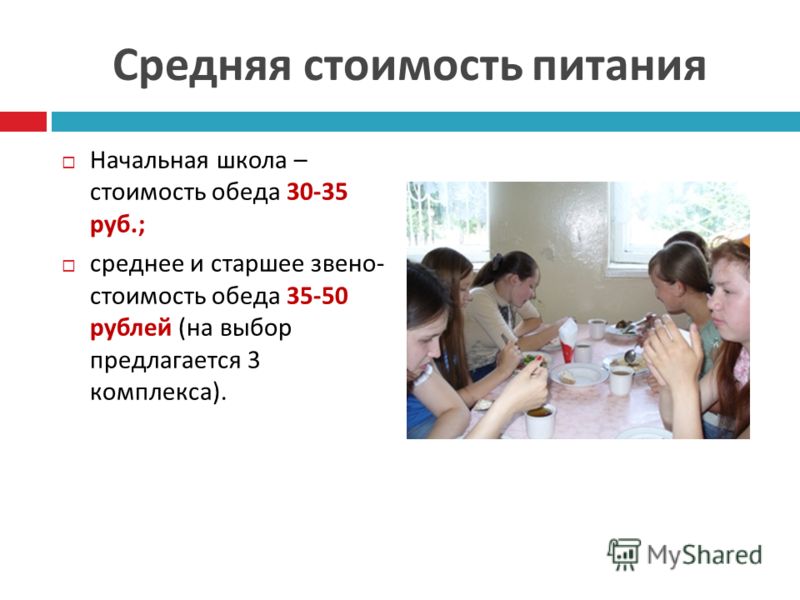 Средняя стоимость питания Начальная школа – стоимость обеда 30-35 руб.; среднее и старшее звено - стоимость обеда 35-50 рублей ( на выбор предлагается 3 комплекса ).