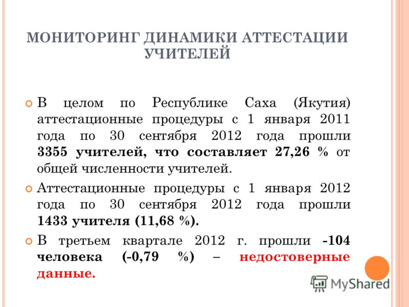 МОНИТОРИНГ ДИНАМИКИ АТТЕСТАЦИИ УЧИТЕЛЕЙ В целом по Республике Саха (Якутия) аттестационные процедуры с 1 января 2011 года по 30 сентября 2012 года прошли 3355 учителей, что составляет 27,26 % от общей численности учителей. Аттестационные процедуры с 