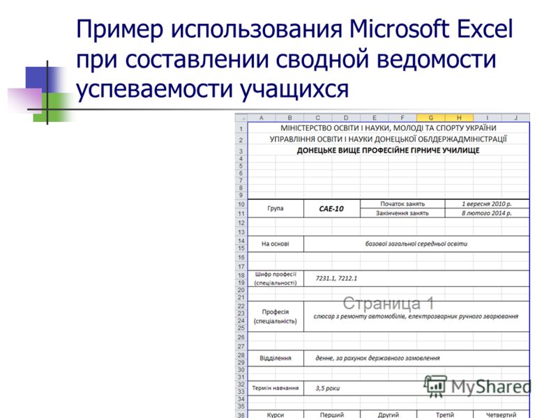 Пример использования Microsoft Excel при составлении сводной ведомости успеваемости учащихся