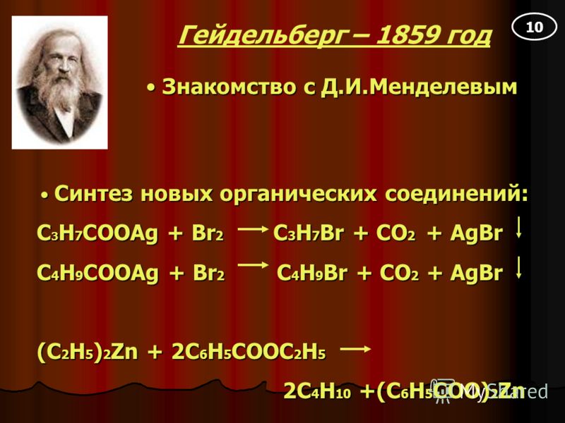 Знакомство с Д.И.Менделевым Знакомство с Д.И.Менделевым С Синтез новых органических соединений: C3H7COOAg + Br2 C3H7Br + CO2 + + + + AgBr C4H9COOAg + Br2 C4H9Br + CO2 + AgBr (C2H5)2Zn + 2C6H5COOC2H5 2C4H10 +(C6H5COO)2Zn Гейдельберг – 1859 год 10