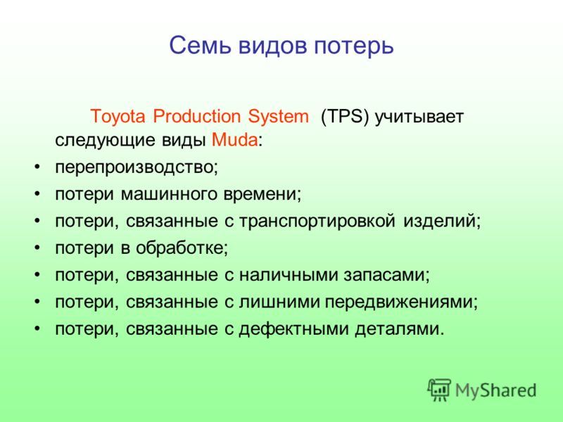 Семь видов потерь Toyota Production System (TPS) учитывает следующие виды Muda: перепроизводство; потери машинного времени; потери, связанные с транспортировкой изделий; потери в обработке; потери, связанные с наличными запасами; потери, связанные с 