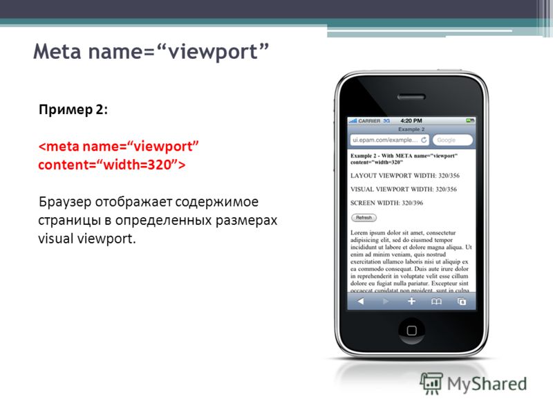 Meta name=viewport Пример 2: Браузер отображает содержимое страницы в определенных размерах visual viewport.