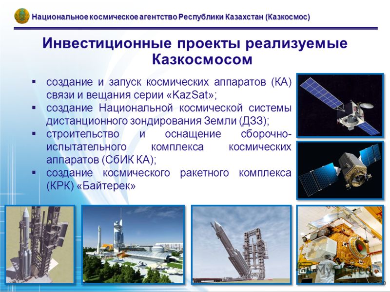 Инвестиционные проекты реализуемые Казкосмосом Национальное космическое агентство Республики Казахстан (Казкосмос) создание и запуск космических аппаратов (КА) связи и вещания серии «KazSat»; создание Национальной космической системы дистанционного з