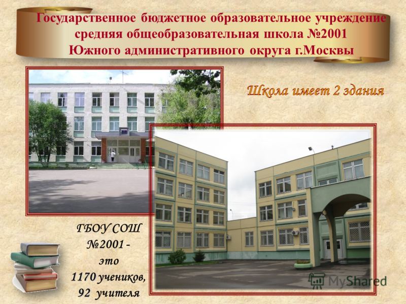 Государственное бюджетное образовательное учреждение средняя общеобразовательная школа 2001 Южного административного округа г.Москвы ГБОУ СОШ 2001 - это 1170 1170 учеников, 92 92 учителя