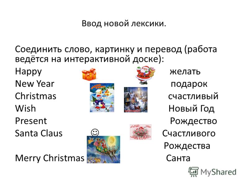 Ввод новой лексики. Соединить слово, картинку и перевод (работа ведётся на интерактивной доске): Happy желать New Year подарок Christmas счастливый Wish Новый Год Present Рождество Santa Claus Счастливого Рождества Merry Christmas Санта