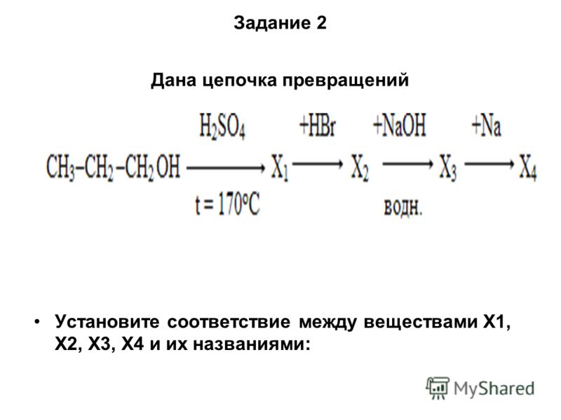 Задание 2 Дана цепочка превращений Установите соответствие между веществами X1, Х2, Х3, Х4 и их названиями: