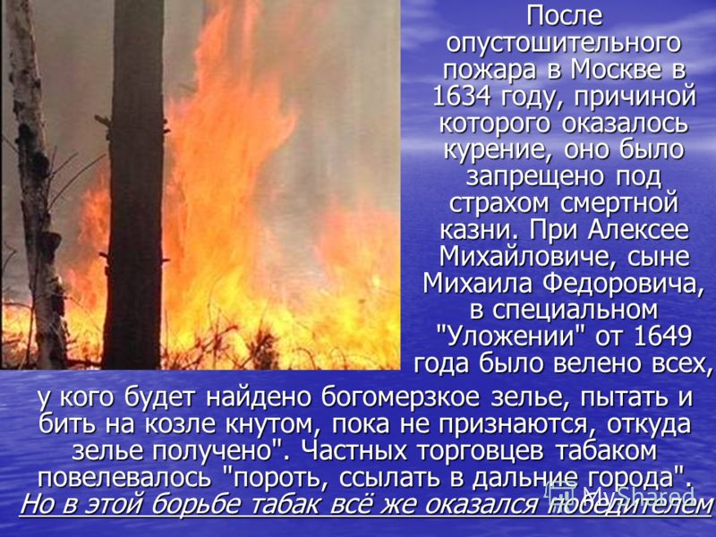 После опустошительного пожара в Москве в 1634 году, причиной которого оказалось курение, оно было запрещено под страхом смертной казни. При Алексее Михайловиче, сыне Михаила Федоровича, в специальном 