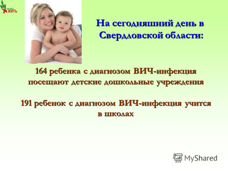 На сегодняшний день в Свердловской области: На сегодняшний день в Свердловской области: 164 ребенка с диагнозом ВИЧ-инфекция посещают детские дошкольные учреждения 191 ребенок с диагнозом ВИЧ-инфекция учится в школах