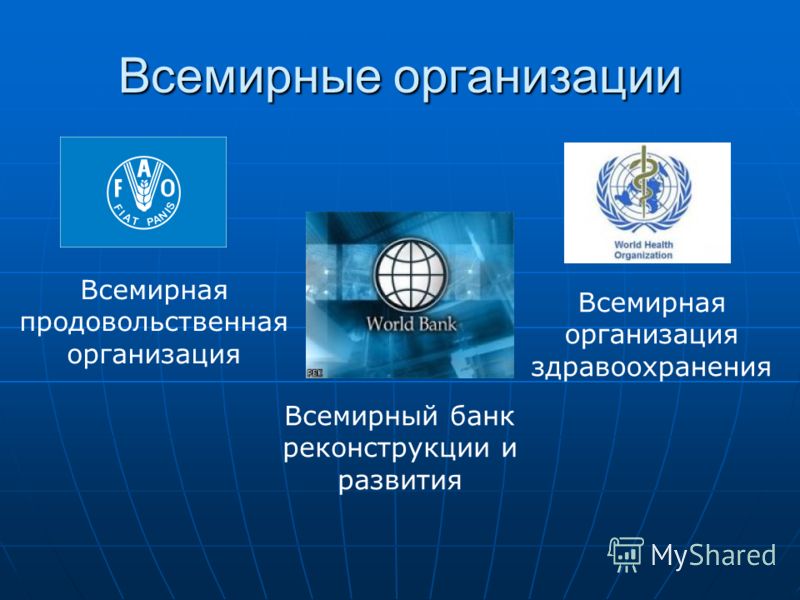 Всемирные организации Всемирная продовольственная организация Всемирный банк реконструкции и развития Всемирная организация здравоохранения