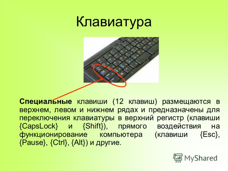 Клавиатура Специальные клавиши (12 клавиш) размещаются в верхнем, левом и нижнем рядах и предназначены для переключения клавиатуры в верхний регистр (клавиши {CapsLock} и {Shift}), прямого воздействия на функционирование компьютера (клавиши {Esc}, {P