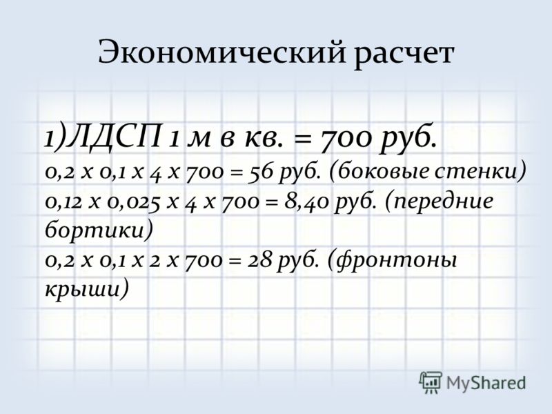 Экономический расчет 1)ЛДСП 1 м в кв. = 700 руб. 0,2 х 0,1 х 4 х 700 = 56 руб. (боковые стенки) 0,12 х 0,025 х 4 х 700 = 8,40 руб. (передние бортики) 0,2 х 0,1 х 2 х 700 = 28 руб. (фронтоны крыши)