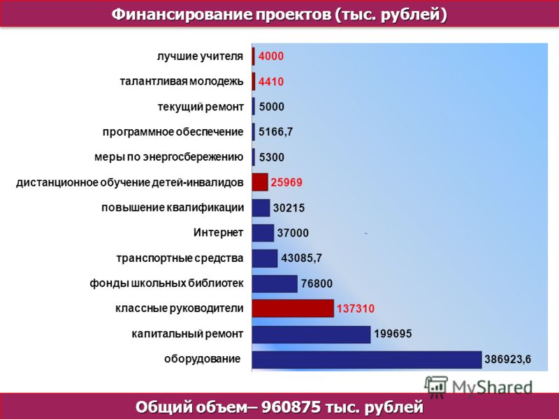 Финансирование проектов (тыс. рублей) Общий объем– 960875 тыс. рублей