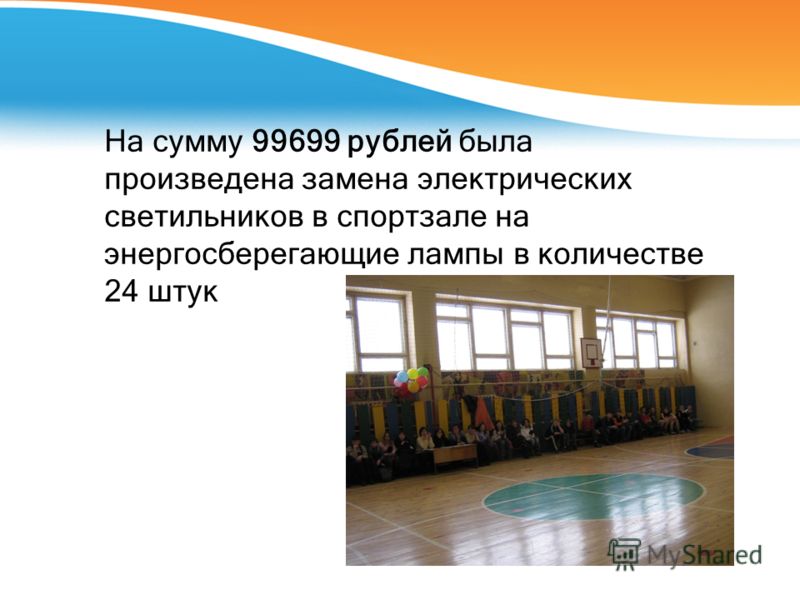 На сумму 99699 рублей была произведена замена электрических светильников в спортзале на энергосберегающие лампы в количестве 24 штук