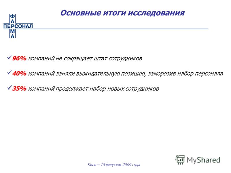 Киев – 18 февраля 2009 года Основные итоги исследования 96% 96% компаний не сокращает штат сотрудников 40% 40% компаний заняли выжидательную позицию, заморозив набор персонала 35% 35% компаний продолжает набор новых сотрудников