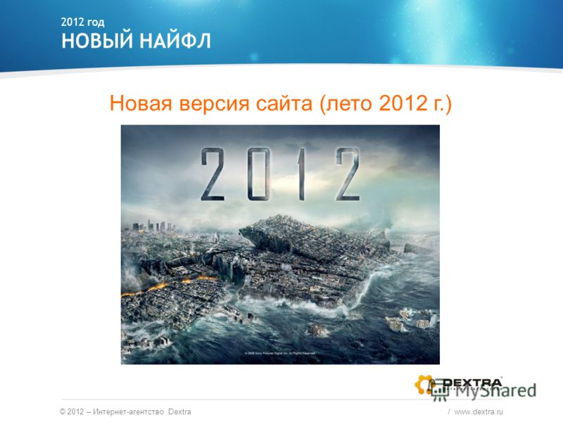 Новая версия сайта (лето 2012 г.) 2012 год НОВЫЙ НАЙФЛ © 2012 – Интернет-агентство Dextra / www.dextra.ru