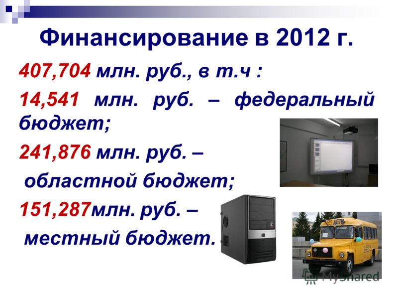 Финансирование в 2012 г. 407,704 млн. руб., в т.ч : 14,541 млн. руб. – федеральный бюджет; 241,876 млн. руб. – областной бюджет; 151,287млн. руб. – местный бюджет.