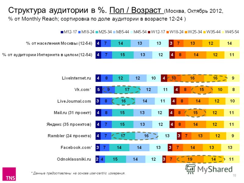 18 Структура аудитории в %. Пол / Возраст (Москва, Октябрь 2012, % от Monthly Reach; сортировка по доле аудитории в возрасте 12-24 ) * Данные предоставлены на основе user-centric измерения.