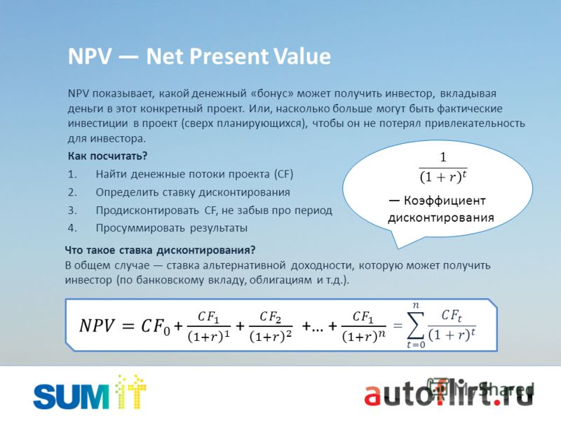 NPV Net Present Value NPV показывает, какой денежный «бонус» может получить инвестор, вкладывая деньги в этот конкретный проект. Или, насколько больше могут быть фактические инвестиции в проект (сверх планирующихся), чтобы он не потерял привлекательн