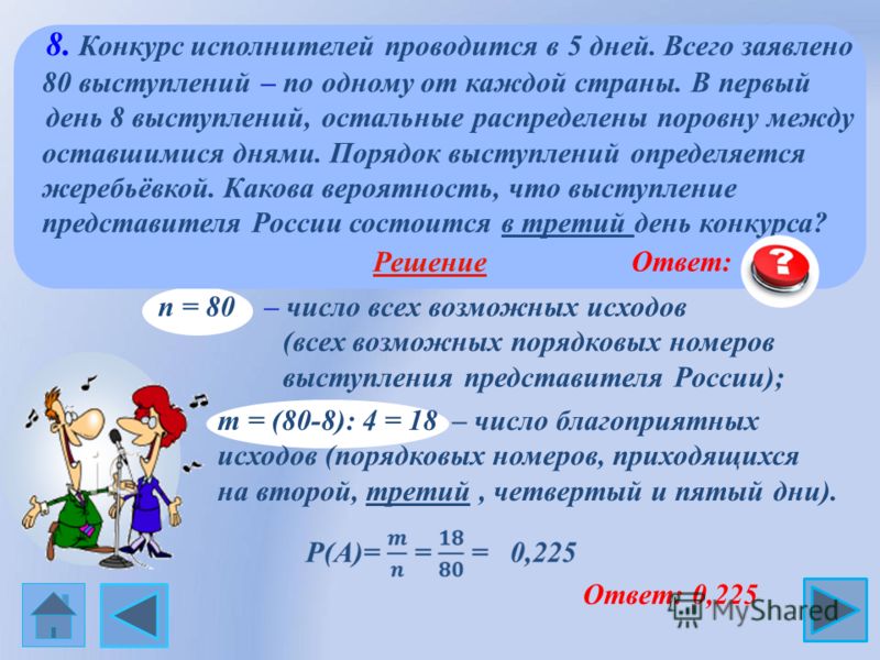 m = (80-8): 4 = 18 – число благоприятных исходов (порядковых номеров, приходящихся на второй, третий, четвертый и пятый дни). n = 80 – число всех возможных исходов (всех возможных порядковых номеров выступления представителя России); 8. Конкурс испол