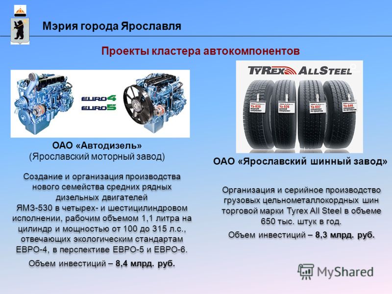 Мэрия города Ярославля Проекты кластера автокомпонентов Создание и организация производства нового семейства средних рядных дизельных двигателей ЯМЗ-530 в четырех- и шестицилиндровом исполнении, рабочим объемом 1,1 литра на цилиндр и мощностью от 100