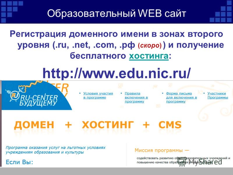 Образовательный WEB сайт Регистрация доменного имени в зонах второго уровня (.ru,.net,.com,.рф (скоро) ) и получение бесплатного хостинга:хостинга http://www.edu.nic.ru/